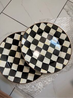 Mackenzie Childs Checkerboard enamel Dinner Plates - Black & Cream Set of 2